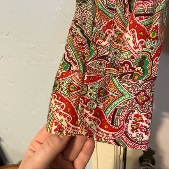 Talbots Stretch Poly Spandex Paisley Vibrant Colors Button Down Shirt Size 10P - Picture 5 of 8